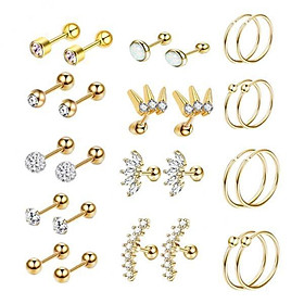 2x13 Pairs 16G Stud Earrings 8mm 6mm Tragus Barbell for Women Men Gold tone