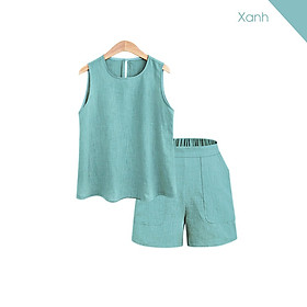 Set áo khoét nách quần sooc cạp chun vải đũi xước  mùa hè phong cách Hàn Quốc cao cấp, 3 màu đủ size 40-60 Kg