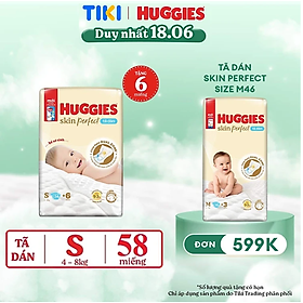 Tã/bỉm dán sơ sinh Huggies Skin Perfect S 54+4 miếng với 2 vùng thấm giảm kích ứng da