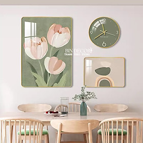 Mua (CÓ ẢNH THẬT) Tranh đồng hồ tráng gương hoa tulip bộ 3 tranh bo viền kèm đinh và pin