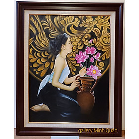 Mua TRANH VẼ SƠN DẦU NGHỆ THUẬT THIẾU NỮ BÊN BÌNH HOA SEN