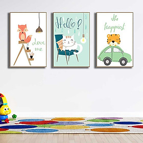 Bộ 3 tranh canvas trang trí phòng trẻ em Cáo, Mèo và Hổ con - TTE007