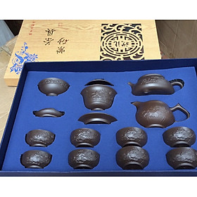Mua BỘ TRÀ ĐẠO BẰNG SỨ 15 CHI TIẾT MÀU NÂU ĐẤT HOA SEN NỔI - VD167