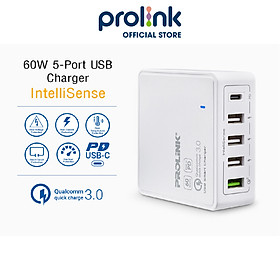 Củ sạc nhanh 60W PROLiNK PDC56001 có 5 cổng (1 USB-C & 4 USB-A) dành cho Macbook, iPhone, iPad, Samsung, Xiaomi - Hàng chính hãng