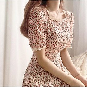 Váy hoa nhí cổ vuông tay lỡ,Đầm vintage thời trang Hàn Quốc công sở dạ hội dự tiệc event ulzzang