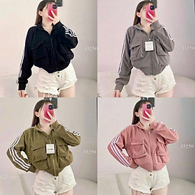 Áo khoát nữ nhung Gân Túi Hộp Cổ Trụ Tay Viền 3 Sọc siêu chất thời trang-A2050 - Hồng Trụ Hộp