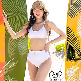 P2P BIKINI - Bikini hai mảnh áo mút hai dây, quần phối khoen lưng cao trắng - BTK370M_LC2