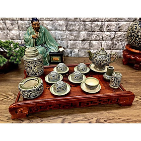 Bộ trà Bát Tràng khắc nổi hoa phù dung men rong