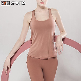 Áo tanktop mặc tập gym - tập yoga PYM SPORT - PYMTT009 liền bra đan dây lưng, 4 màu đen, cam đất, đỏ mận, tím