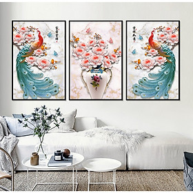 Mua Bộ tranh 3 Bức Dài- Tranh treo phòng khách- Tranh treo tường Chim Công C 60189/Gỗ MDF cao cấp phủ kim sa/ Chống ẩm mốc  mối mọt/Bo viền góc tròn
