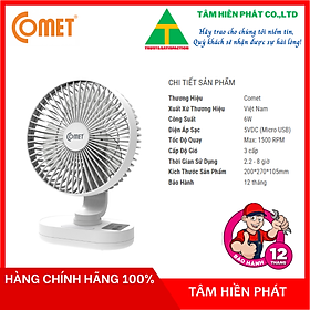 Quạt sạc đa năng Comet CRF1406 có đèn Led, pin Lithium 2 viên x 1500 mAh - Hàng chính hãng