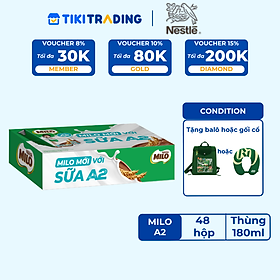 [Tặng Balô hoặc gối cổ] Thùng 48 Hộp Sữa Nestlé MILO A2 MỚI  (180ml / Hộp)