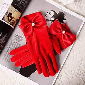 Găng tay chất liệu nhung đính nơ ngọc trai màu đỏ tươi cho Cô dâu và Dạ hội, đi tiệc, sự kiện, đạo cụ cosplay, chụp ảnh, studio MS: 45451