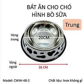 Bát ăn thú cưng, bát ăn chó mèo hình bò sữa, chất liệu inox an toàn sử dụng cho vật nuôi. Bát có 3 kích thước 18cm, 26cm, 34cm. Bát ăn size vừa 26cm