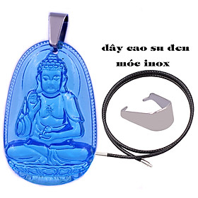 Mặt Phật A di đà thuỷ tinh xanh biển 3.6 cm kèm móc và vòng cổ dây cao su đen, Mặt Phật bản mệnh