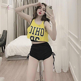 Set bộ nữ áo 3 lỗ in chữ kèm quần short nhún rút dây bên, áo 2 dây lót trong chất thun borip onesize dưới 55kg QP755