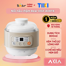 Nồi nấu chậm đa năng Bear DDZ-A08T8 (có lồng hấp) - Dung tích 800ml, Có chế độ Hẹn giờ - Hàng chính hãng