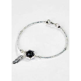 Vòng Bạc Hạt Đá Obsidian Phối Charm Lá Ngọc Quý Gemstones