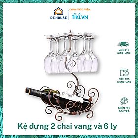 Giá Treo 6 Ly Vang Kèm Kệ Đỡ Chai Phong Cách Châu Âu Màu Đồng Và Vàng Cổ Điển, Kệ Treo Ly decor quý tộc