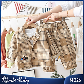 Bộ vest 3 chi tiết bé trai công tử nhỏ, chất thô dày dặn, phom dáng đẹp, kèm nơ xinh xắn, diện sinh nhật, sự kiện | MB26