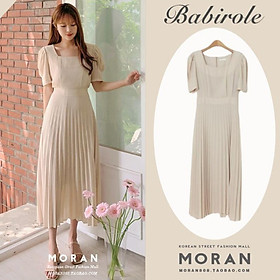 Váy MORAN cổ vuông tay phồng thắt nơ eo xòe dài xếp ly nhẹ nhàng tiểu thư thanh lịch Hàn Quốc