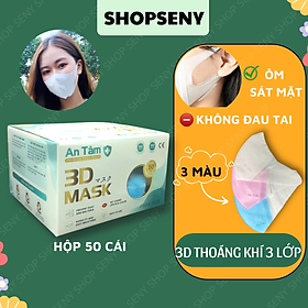 Hộp 50 cái khẩu trang 3d mask kháng khuẩn An Tâm ngăn bụi mịn dây đeo mềm mại dễ thở