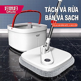 Hình ảnh Bộ lau nhà tách nước bẩn OKwife Sunny Mop có thùng lau nhà tự vắt 2 ngăn riêng biệt, cây lau nhà 360 độ lau sàn làm sạch, bảo hành 12 tháng, 2 bông lau