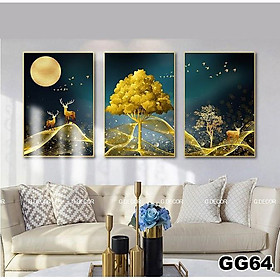 Mua Tranh treo tường canvas khung gỗ 3 bức phong cách hiện đại Bắc Âu tranh hươu trang trí phòng khách phòng ngủ spa 64