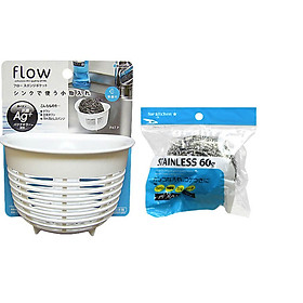 Combo 01 Giỏ treo đa năng có núm hít chân không + 01 Túi búi thép cọ xoong, nồi, chảo không rỉ - Nội địa Nhật Bản
