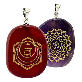 Set 2pc Engraved Amethyst Reiki Engergy Gemstone Palm Stone Crystal Pendant