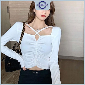 Áo croptop tay dài nữ cổ vuông nhún giữa OZENKA , áo crt kiểu thun cotton mặc thu đông màu đen trắng dưới 55 kg