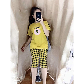 đồ bộ cotton lửng sọc caro in logo dễ thương