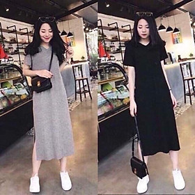 Váy xuông trơn basic cổ tim dáng dài xẻ hai màu đen xám