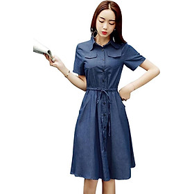 Đầm xoè denim eo rút dây