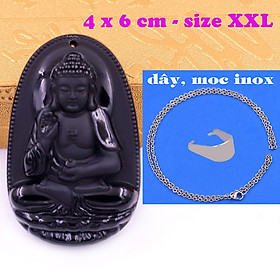 Mặt Phật A di đà đá thạch anh đen 6 cm kèm dây chuyền inox - mặt dây chuyền size lớn - XXL, Mặt Phật bản mệnh