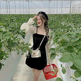 ĐẦM NHUNG ĐÍNH NƠ TAY DÀI VẢI VOAN LỤA (CÓ MÚT) 2 MÀU Y HÌNH