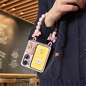 Ốp điện thoại cho OPPO Find-N2 Flip hồng pastel kèm dây đeo siêu dễ thương