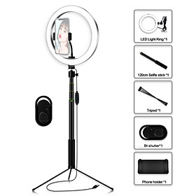 26cm/10.2 Inch 3200K-5600K Dimmable LED Ring Video Light with 120cm Selfie Stick Tabletop Tripod Cell Phone Holder
