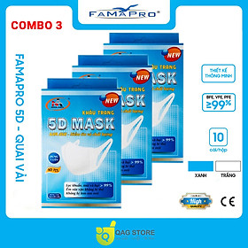 Combo 3 Hộp Chính hãng Khẩu trang y tế kháng khuẩn 3 lớp Famapro 5D Mask