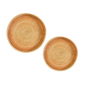 2Pcs Round Rattan Serving Tray Hand Woven for Fruit Parties Home Decorative