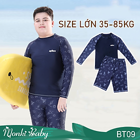 Bộ bơi size lớn cho các bé trai béo mập, áo tắm cỡ đại đến 85kg, tay dài quần lửng ngang gối chống nắng tốt, thun lạnh | BT91