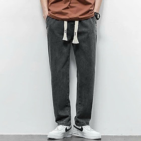 Quần baggy jean nam lưng thun phối dây bảng to - Quần bò nam ống suông rộng cạp chun mẫu mới