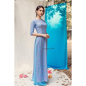 Áo dài xanh hòa bình hoa nhí hồng - kiểu áo dài cổ tròn (kiềng) tà A, vải co giãn 4 chiều
