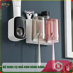 Bộ dụng cụ nhả kem đánh răng tự động 2/3/4 cốc và giá treo bàn chải đa năng HT SYS-ECOCO-Chất liệu ABS cao cấp + 01 sét móc vàng tài lộc - Hàng Nhập Khẩu