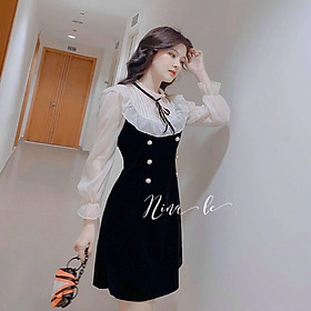 Đầm váy cổ tàu xếp ly dài tay sang trọng, phối nút cài nơ thời trang nữ dạo phố, dự tiệc