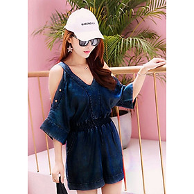 Đồ Bay Jumpsuit Ngắn Tay Khoét Vai Đính Hạt Thời Trang