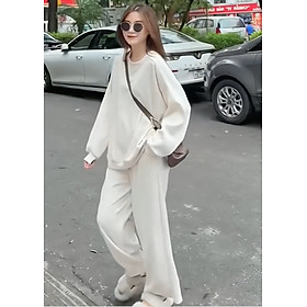 Set áo nỉ tăm chui đầu sweater kèm quần dài ống rộng suông mềm nin mặc thoải mái