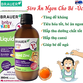 Kẽm cho bé giúp bé ăn ngon Baby Kids Liquid Zinc Brauer Úc Giúp bé phát triển cân nặng và chiều cao, Tăng đề kháng, Tăng hấp thụ Canxi, Sắt, giấc ngủ ngon - Hương Cam, Chai 200ml