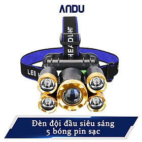 Hình ảnh Đèn Pin Đội Đầu Đeo Trán 5 Bóng T6, Đèn Siêu Sáng Kèm Pin Sạc gọn gàng thuận tiện cho việc di chuyển