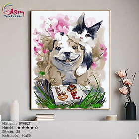 Mua Tranh tô màu theo số sơn dầu số hóa DV0827 Tranh thú cưng con vật đôi bạn chó và mèo
